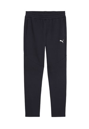 Pantaloni atletici de culoare albastru închis, realizați dintr-un material moale, având un brâu elastic, buzunare laterale și un logo alb pe piciorul stâng.