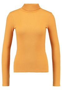 Rippstrick-Turtleneck-Oberteil in leuchtendem Orange. Lange Ärmel und taillierte Passform mit glatter Textur, ideal zum Schichten oder als Einzelstück.