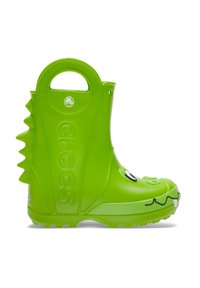 Botín de lluvia de goma verde con una superficie texturada, cara sonriente y crestas dorsales. Presenta un asa para facilitar el uso y una suela antideslizante.