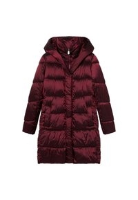 Vinrød dunjakke med hætte, der har et quiltet design, lange ærmer og en lynlås foran. Glat, skinnende tekstur.