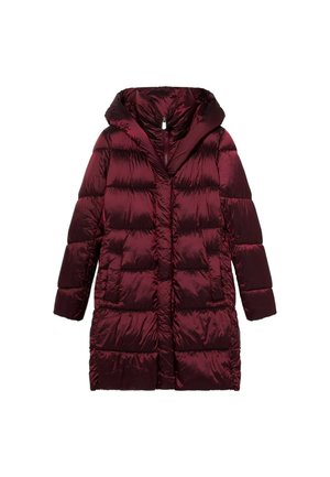 Vinrød dunjakke med hætte, der har et quiltet design, lange ærmer og en lynlås foran. Glat, skinnende tekstur.