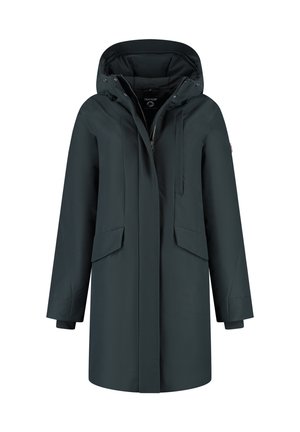 Donkergroene gewatteerde parka met capuchon, voorzien van een rits aan de voorkant, klepzakken en verlengde manchetten, ontworpen voor koud weer.