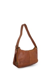 Brown leather shoulder bag with a smooth texture and crocodile pattern accents on one side. Features a sturdy strap and top zipper closure.