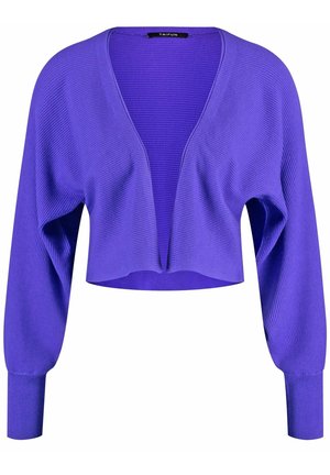 Paarse cropped cardigan met ribbeltextuur, lange mouwen en een diepe V-hals. Gemaakt van zacht breimateriaal.