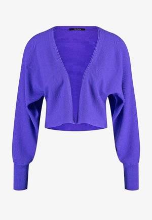 Gilet court violet avec texture côtelée, manches longues et décolleté en V profond. Fabriqué en matériau tricoté doux.