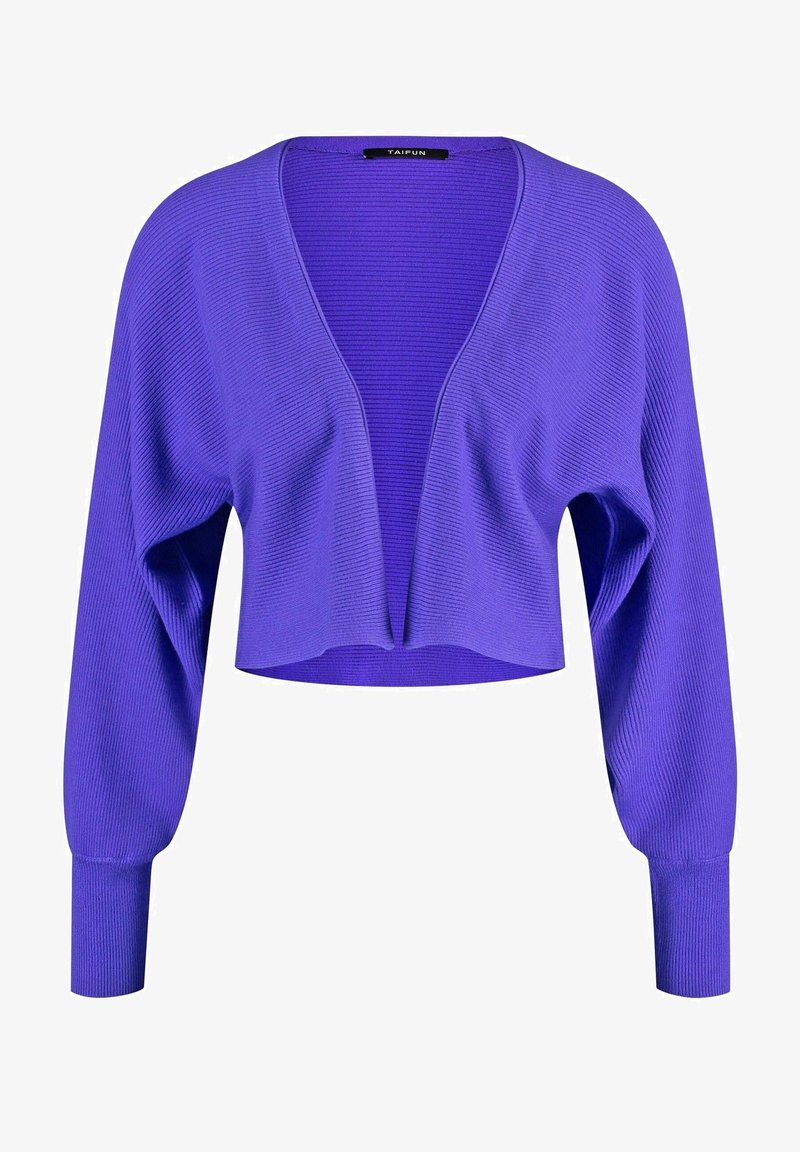 Gilet court violet avec texture côtelée, manches longues et décolleté en V profond. Fabriqué en matériau tricoté doux.