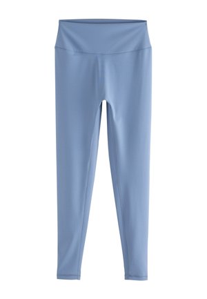 Lichtblauwe leggings met hoge taille en volledige lengte, met platte naden, ontworpen voor sportkleding of casual gebruik.