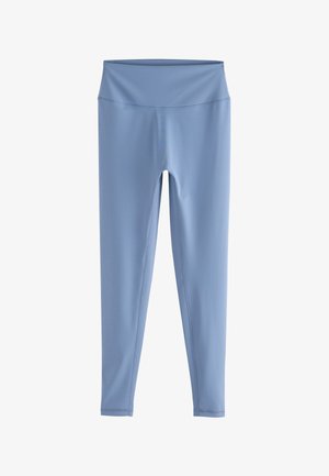 Lichtblauwe leggings met hoge taille en volledige lengte, met platte naden, ontworpen voor sportkleding of casual gebruik.