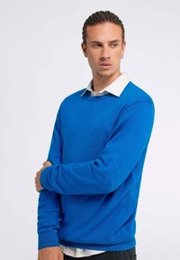 Maglione blu royal realizzato in tessuto lavorato a maglia, con scollatura tonda e maniche lunghe, indossato sopra una camicia bianca con colletto.