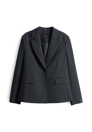 Donkerblauwe blazer van gladde stof met een gekleurde kraag, enkele knoopsluiting en twee voorkeurszakken. Tailored fit, minimalistisch ontwerp.