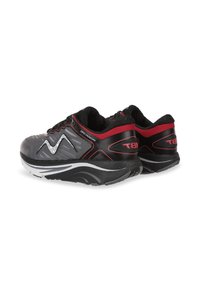Black and red athletic shoes feature a textured upper, reflective accents, and a cushioned sole with a white midsole for added support.
