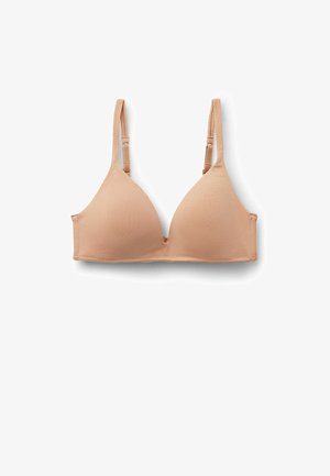 Bralette triangular en color nude, fabricado en tejido suave, con tirantes ajustables y bordes sin costuras para un ajuste cómodo.
