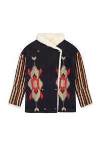 Ullblandingsjakke med en mørkeblå kropp, mønstret i rødt og grønt. Ribbede ermer, en shearlingkrage og trykknapper fullfører designet.