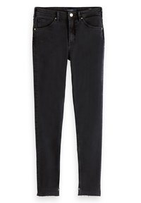 Jeans skinny negros de denim, con cintura alta, diseño de cinco bolsillos, costura sutil y dobladillo sin acabar en los tobillos.