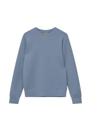 Krekliņš ar apaļu kaklu, matti zils, ar garām piedurknēm, ar ribveida aprocēm un apakšmalu, attēlots plakani uz baltas virsmas.