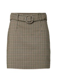 Mini nederdel med tern, der har et bælte med rund spænde, fremstillet af et tekstureret stof i brune, creme og grønne nuancer.