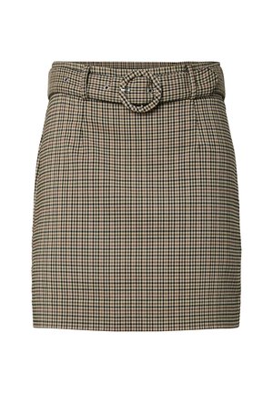 Geruite mini-rok met een riem met een ronde gesp, gemaakt van een gestructureerde stof in bruin-, crème- en groentinten.