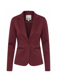 Burgundy yksi nappi sululla varustettu bleiseri, jossa on hapsureunat, kaksi etutaskua ja sileä kangas. Brändilogo: ICHI.