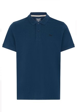 Marineblauwe polo-shirt met korte mouwen, kraag, twee knopen en een klein geborduurd logo op de linkerkant van de borst.
