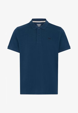 Marineblauwe polo-shirt met korte mouwen, kraag, twee knopen en een klein geborduurd logo op de linkerkant van de borst.