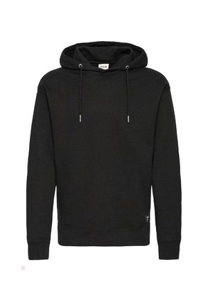 Hanorac negru cu glugă, confecționat dintr-o țesătură moale, având un sistem de închidere cu șnur, manșete ribbate și un eticheta cu logo în partea de jos.