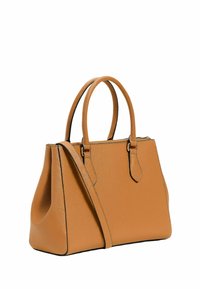 Borsa a mano in cuoio tan con due manici corti, forma strutturata e cuciture nere a contrasto lungo i lati, realizzata in materiale testurizzato.