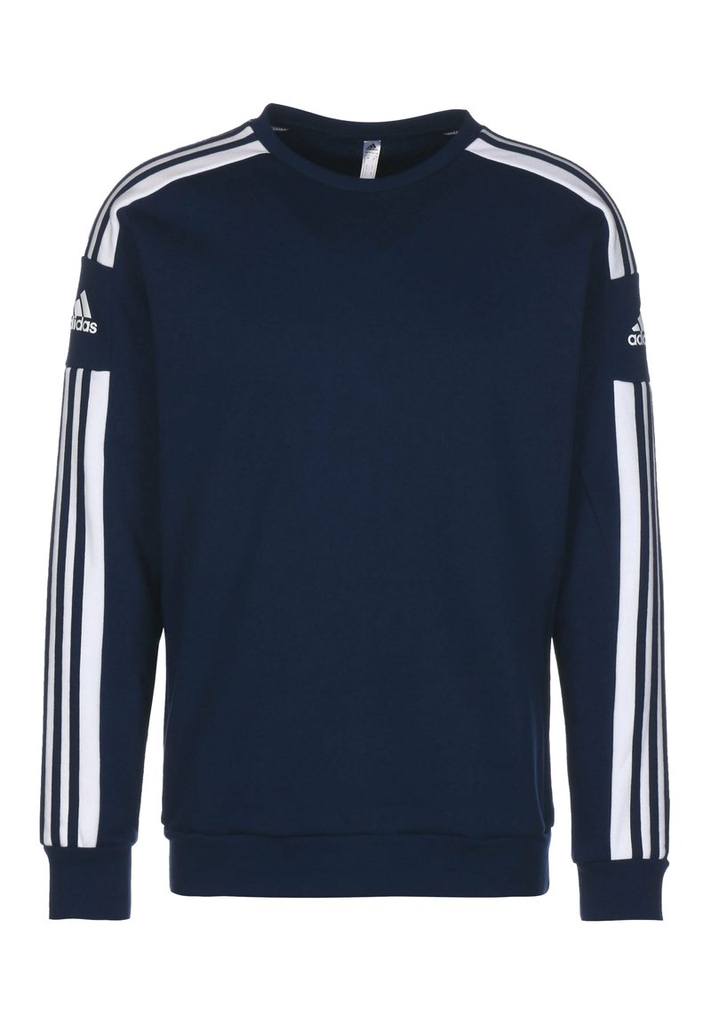 Felpa blu navy con accenti bianchi a righe sulle maniche, design a girocollo, realizzata in tessuto morbido, con polsini e orlo elasticizzati.