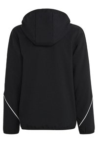 Zwarte capuchonjack gemaakt van glad, lichtgewicht stof. Kenmerkt zich door witte piping langs de mouwen en heeft een relaxed fit.