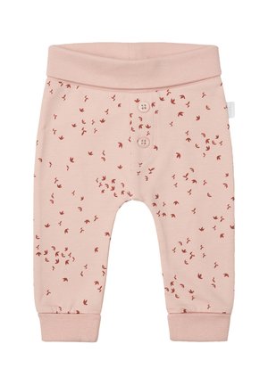 Rosa Baumwollhosen mit einem taillierten Bund und Bündchen, verziert mit einem verstreuten Vogelmotiv in Dunkelrot und zwei dekorativen Knöpfen auf der Vorderseite.