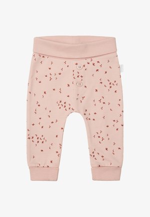 Pantalon en coton rose avec une taille ajustée et des poignets, ornés d'un motif d'oiseaux éparpillés en rouge foncé, et deux boutons décoratifs à l'avant.