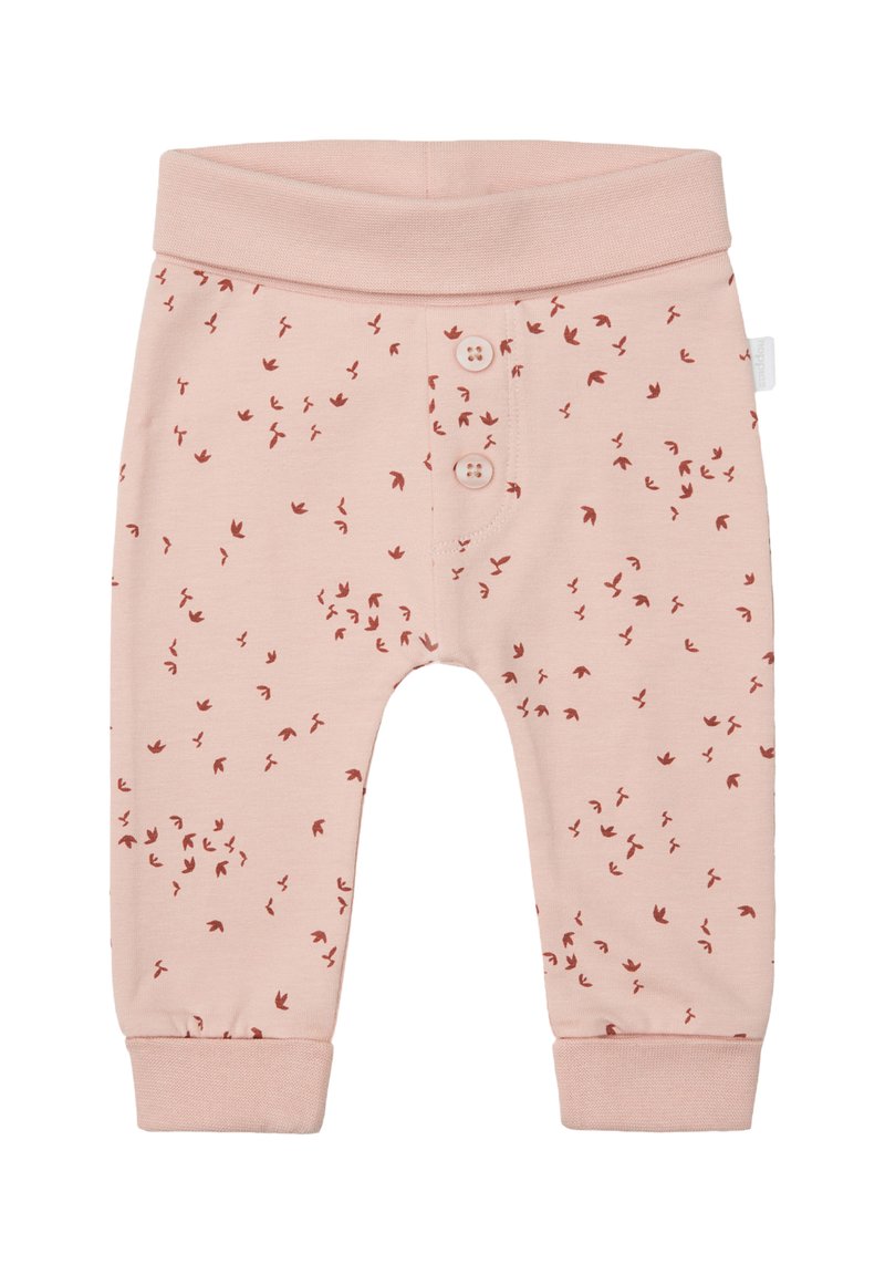 Roze katoenen broek met een nauwsluitende taille en boorden, voorzien van een verspreid vogelprint in donkerrood, en twee decoratieve knopen aan de voorkant.