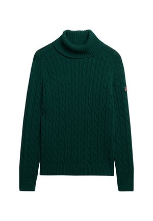 Grøn kabelstrik turtleneck sweater med ribbet krave, mancheroner og kant. Tekstureret mønster med tykke garnindikationer og sidesøm.