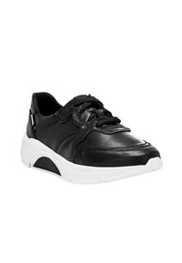 Schwarze Leder-Sneaker mit strukturiertem Obermaterial, weißer Gummisohle, Schnürsenkeln und gepolstertem Design. Verfügt über kontrastierende Akzente an der Ferse.