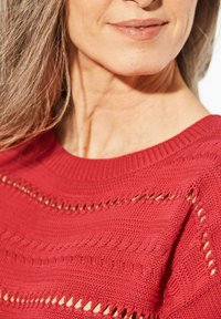 Rode gebreide sweater met een textuurontwerp en open steken langs de halslijn en het lichaam, en een geribbelde kraag.
