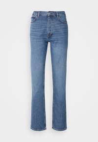 Blue denim jeans with a high waist, straight-leg design, and subtle fading. Features classic five-pocket styling and a zip fly closure.