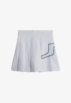 Hellgrauer, plissierter Rock aus glattem Stoff, mit einem dekorativen blauen Grafik auf der Vorderseite. Verstellbarer Bund für eine gute Passform.