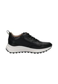 Black leather sneaker with a thick white midsole, textured upper, black rubber outsole, and a small green accent on the heel. Laced design.