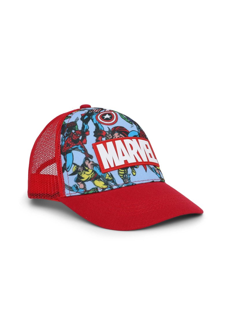 Cappellino rosso con retro in rete e parte frontale blu, decorato con grafiche di supereroi Marvel e un grande logo bianco "MARVEL" sul davanti.