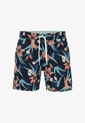 Costume da bagno navy con motivo floreale in pesca e teal. Tessuto leggero con cintura elasticizzata, cordoncino e piccolo dettaglio del logo.