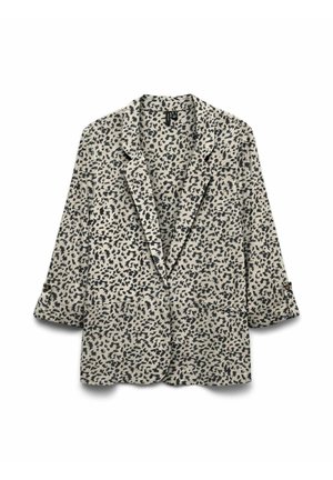 Blazer beige clair avec imprimé léopard abstrait noir, col à revers cranté, manches longues avec pattes à boutons, et poches plaquées à l'avant.