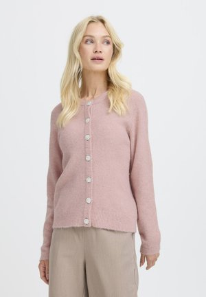 Rosa, knöpfbare Strickjacke aus weichem, texturiertem Stoff mit dekorativen blumenförmigen Knöpfen, ausgestattet mit einem runden Ausschnitt und langen Ärmeln.