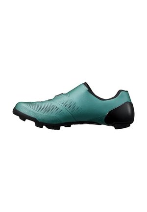 Scarpa da ciclismo turchese con suola e tallone neri, tomaia traforata per la ventilazione, progettata per pedali a sgancio rapido.