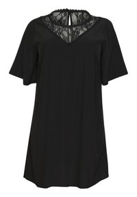 Vestido negro de manga corta, con un inserto de encaje en forma de V y bordes ondulados en el escote, de textura suave y diseño hasta la rodilla.