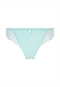 Ljusblå spetsstringtrosa med mönster av prickig mesh, en liten rosett i mitten fram och en slät midja.