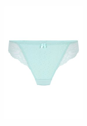 Lichtblauwe kanten string met een stippenmeshontwerp, een klein strikje aan de voorkant en een gladde tailleband.