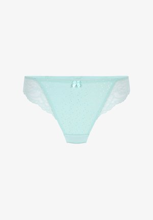 Lichtblauwe kanten string met een stippenmeshontwerp, een klein strikje aan de voorkant en een gladde tailleband.