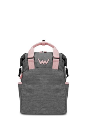 Gray fabric backpack with pink leather accents, dual top handles, a front zippered pocket, and a logo displayed on the front.