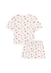 Korte mouwen pyjama set van zachte witte stof met een bloemenpatroon van roze kersen en groene bladeren; inclusief een bijpassende short.