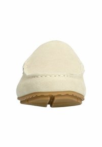 Lichtbeige suède instapper met een ronde neus, stikseldetails en een flexibele rubberen zool. Het hielgedeelte is iets verhoogd.
