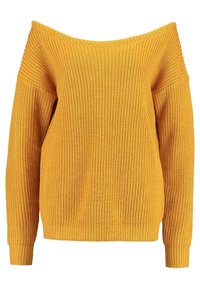 Gul, avskuren stickad tröja med en lös passform, ribbat mönster och långa ärmar. Har en vid halsringning och strukturerad tyg.